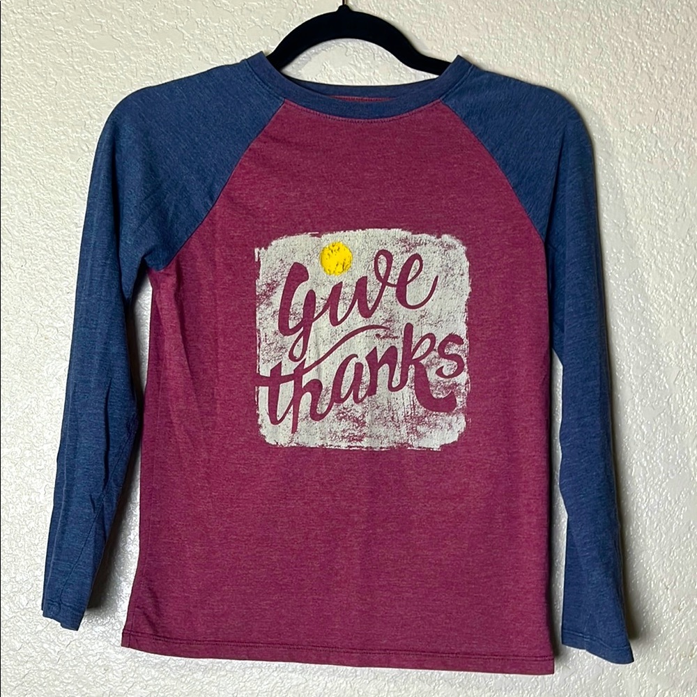 Kids Long-Sleeve Raglan Top - Maroon & Blue "Give Thanks" Boys Size M 8/10